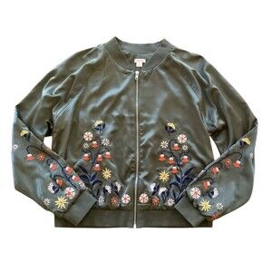 Xhilaration Womens Mossy Green Floral Embroidered Satin Bomber Jacket Size Large